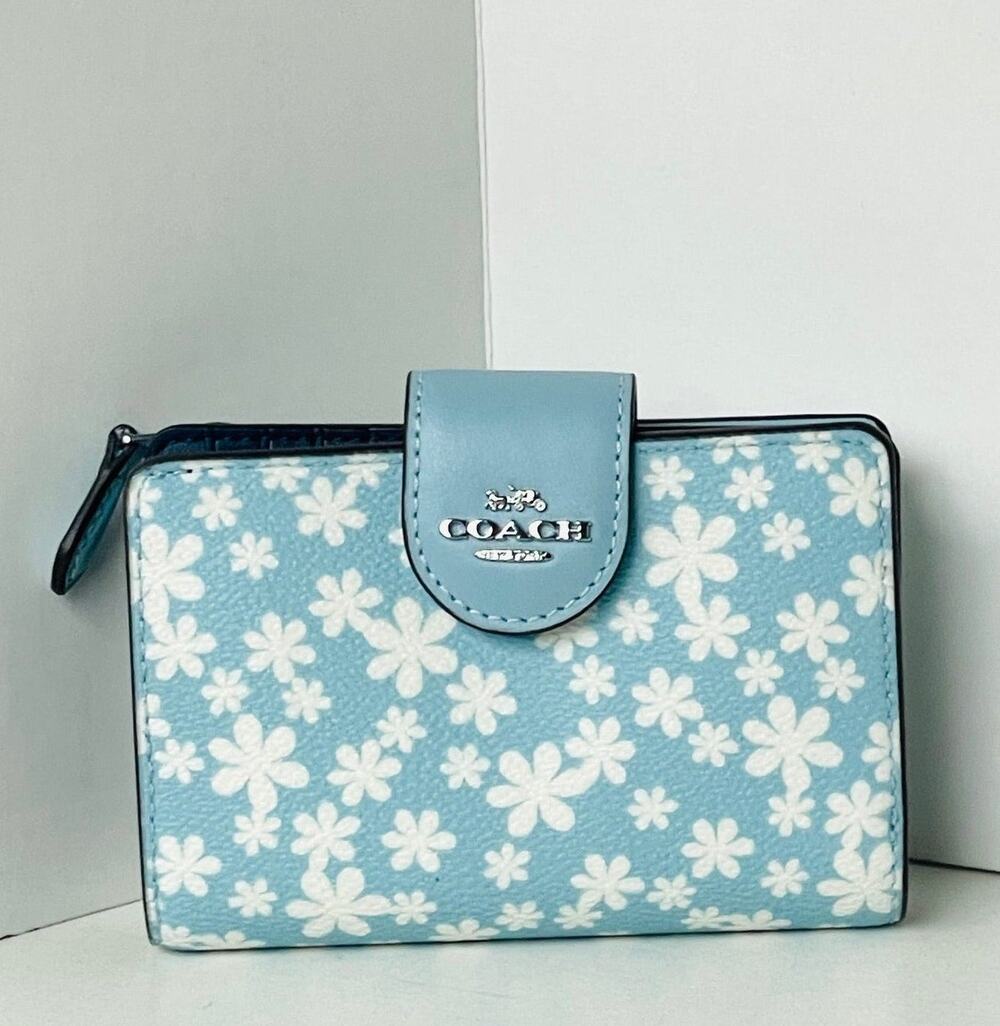 Coach CFA17 Blue Silver Floral Medium Corner Zip Wallet